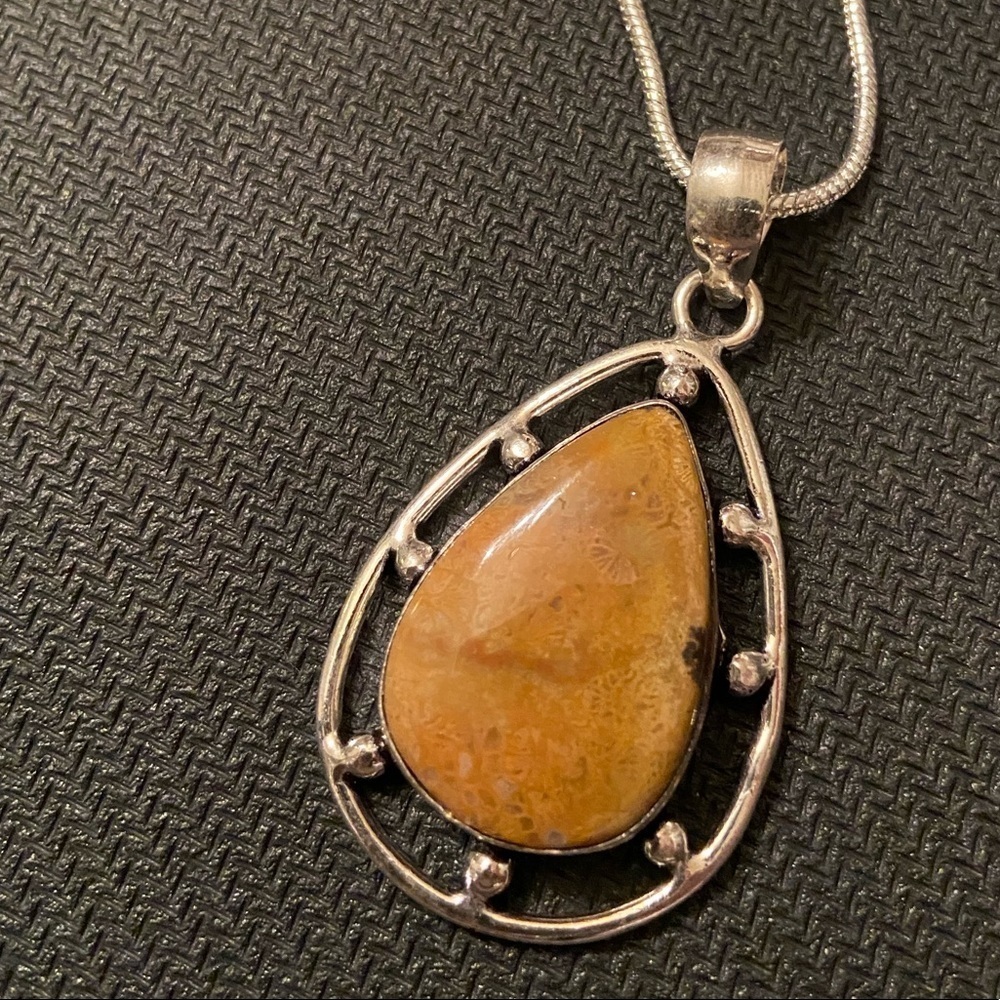 Women’s Beautiful Genuine Fossil Coral Pendant on Sterling Silver Necklace - Picture 3 of 5